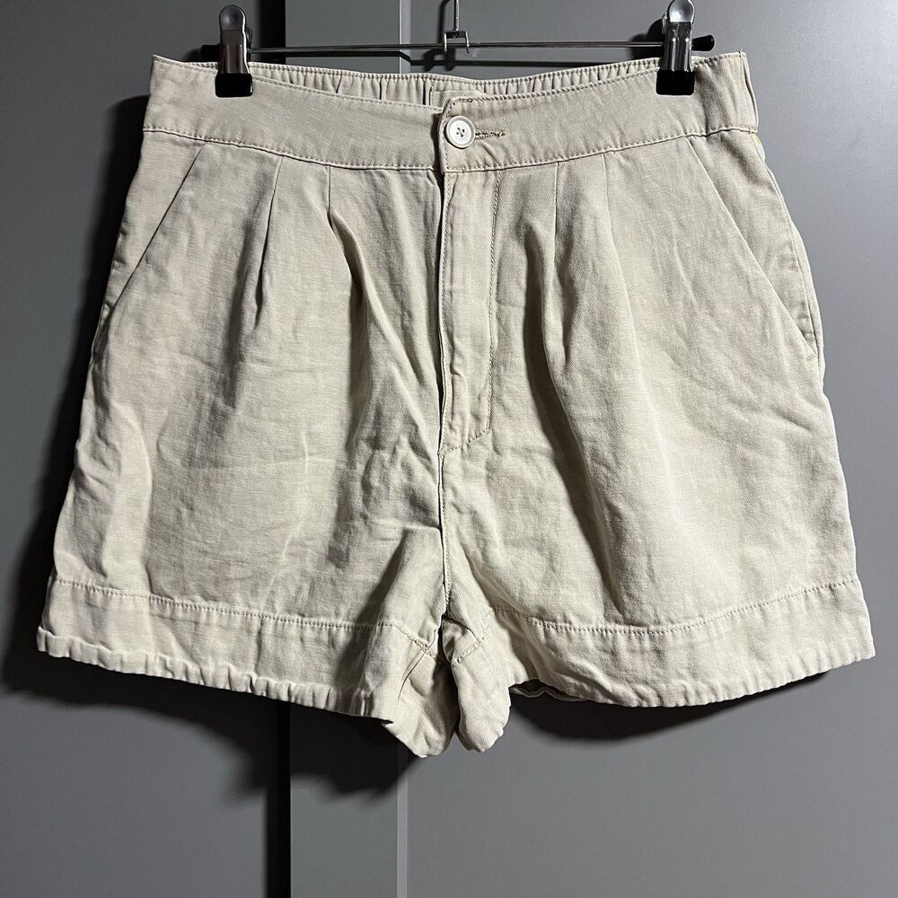 Joie Women Cotton Linen Pleated High Rise Chino Shorts Khaki Medium